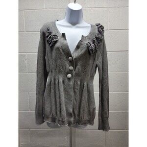 DKNY Women’s Buttoned Cardigan Sweater XL Grey Embroidered Flowers Boho Chic